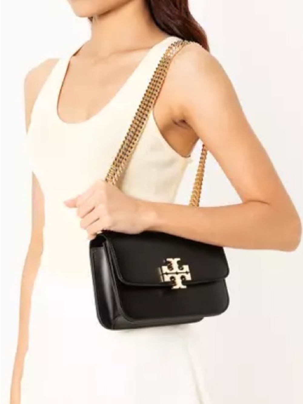 Tory Burch Black Leather Shoulder Bag with Gold Chain Strap